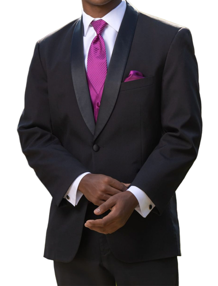 Man wearing a black suit with a purple tie and pocket square outdoors.