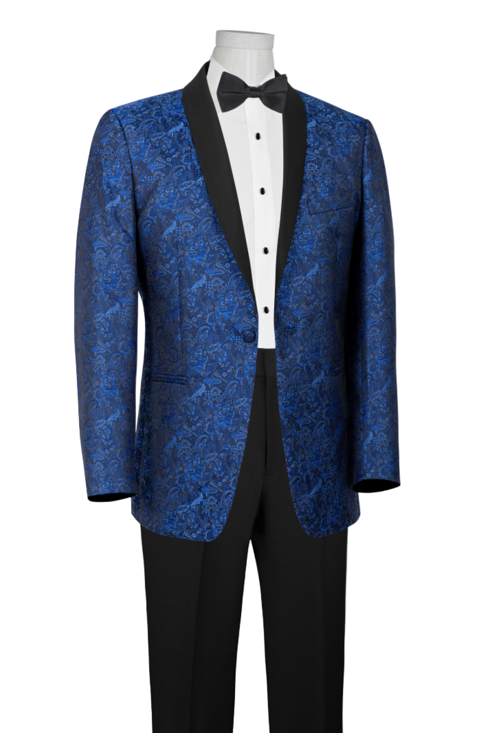 Blue Paisley Tuxedo Rental on mannequin