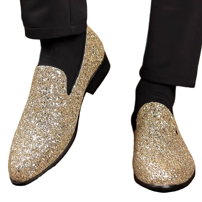 Gold Sparkle Slip-On Loafer Dress Shoe.