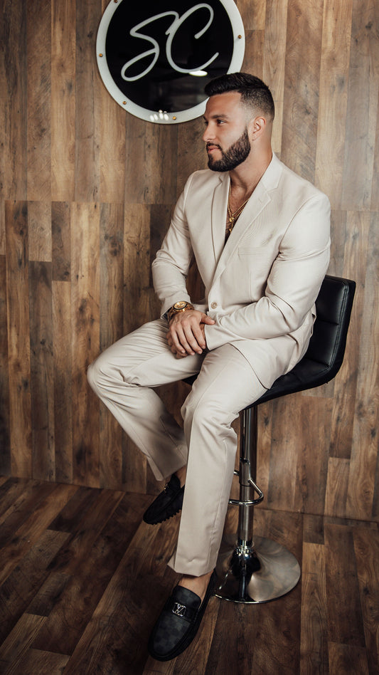 Beige Slim Fit Men's Suit Set.