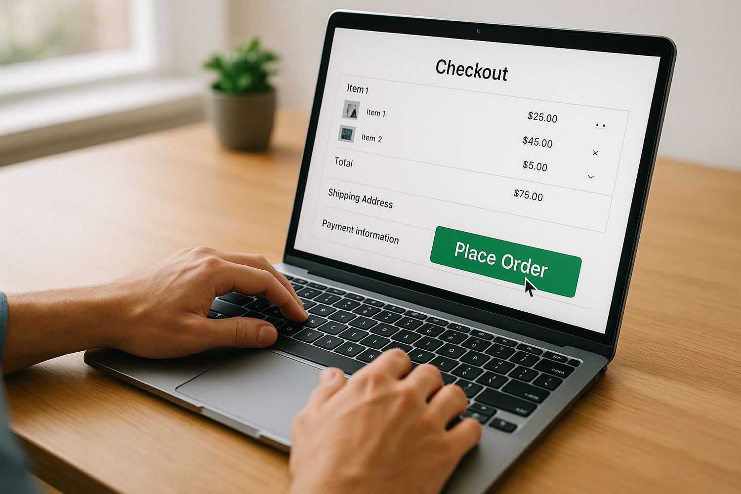 can you create a photo displaying someone on a laptop pressing a button that says place order