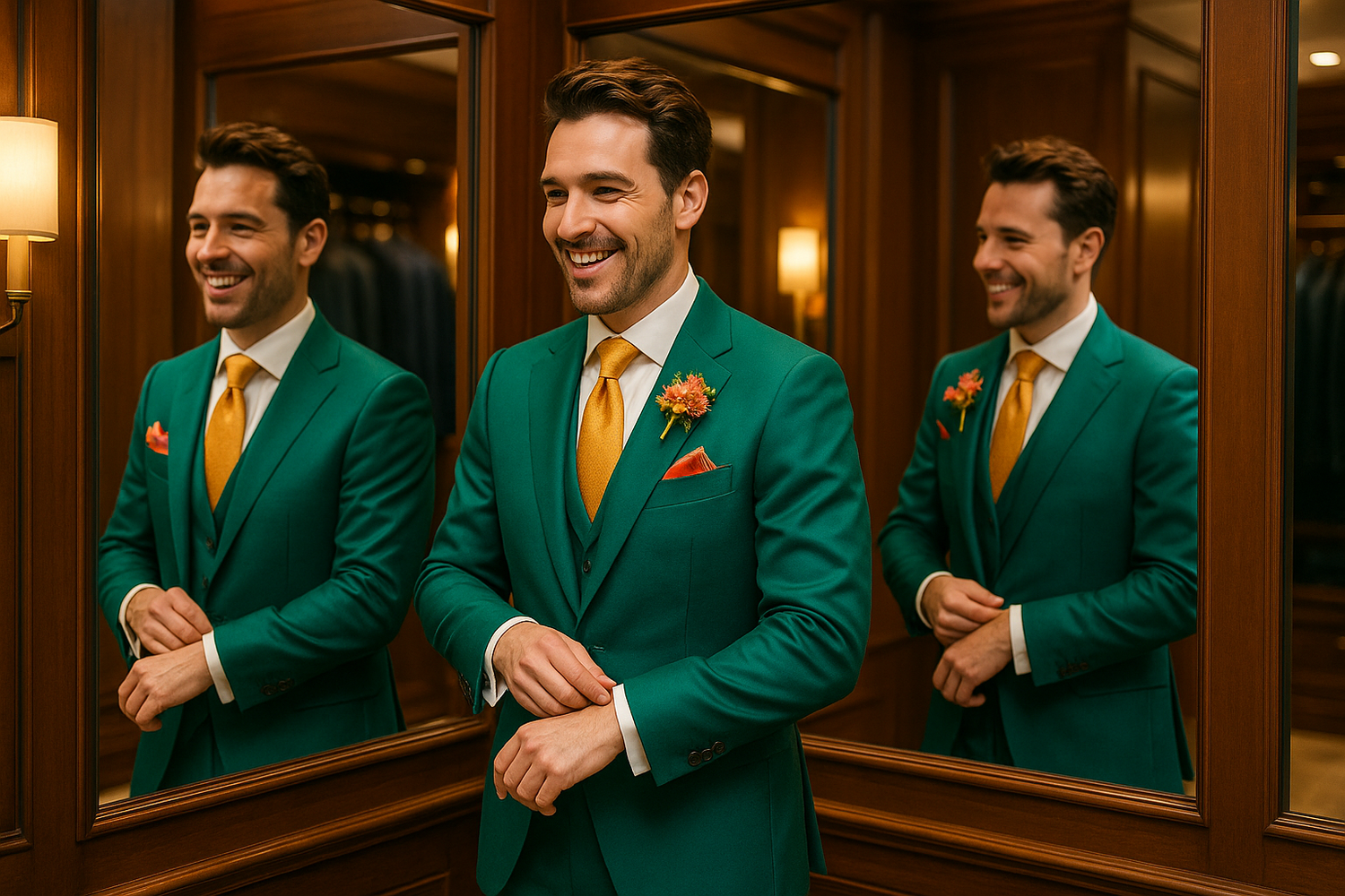 can you create a photo of a man trying on a suit with bright color schemes and he's wearing a wedding color suit