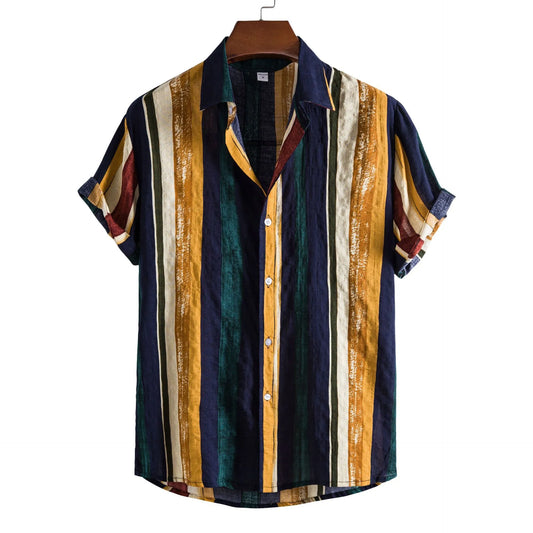 Men's Striped Short Sleeve Button-Up Shirt.