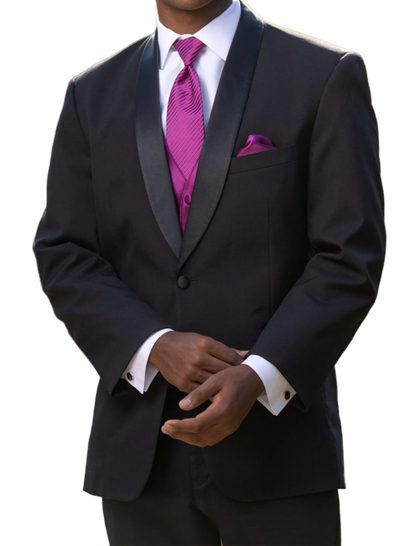 Man wearing a black suit with a purple tie and pocket square outdoors.
