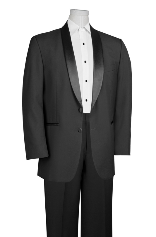 Black tuxedo with satin lapels on a mannequin against a white background