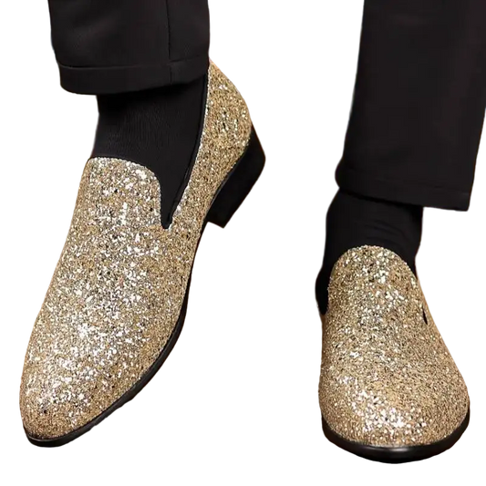 Gold Sparkle Slip-On Loafer Dress Shoe.