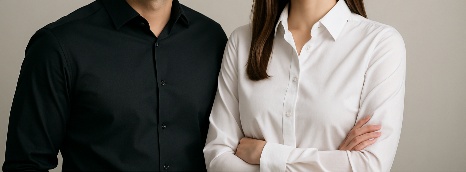 Man and woman wearing custom dress shirts