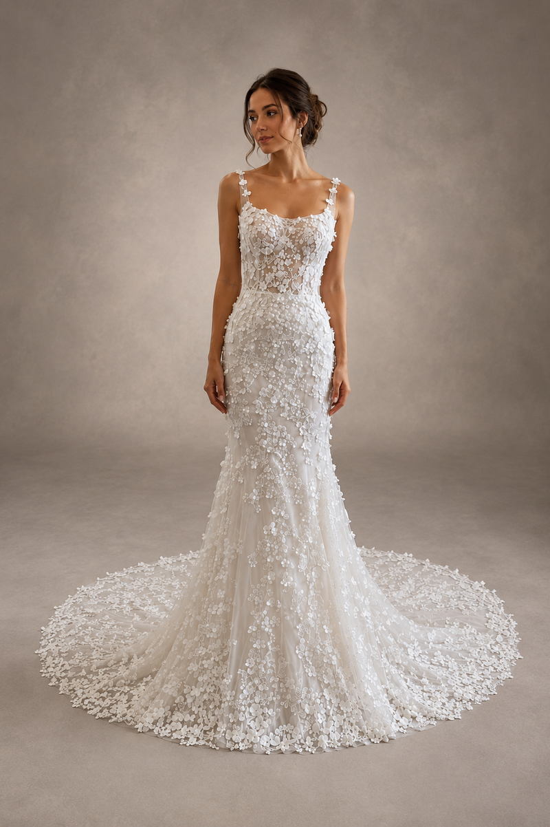 Woman wearing a white lace wedding dress against a neutral background