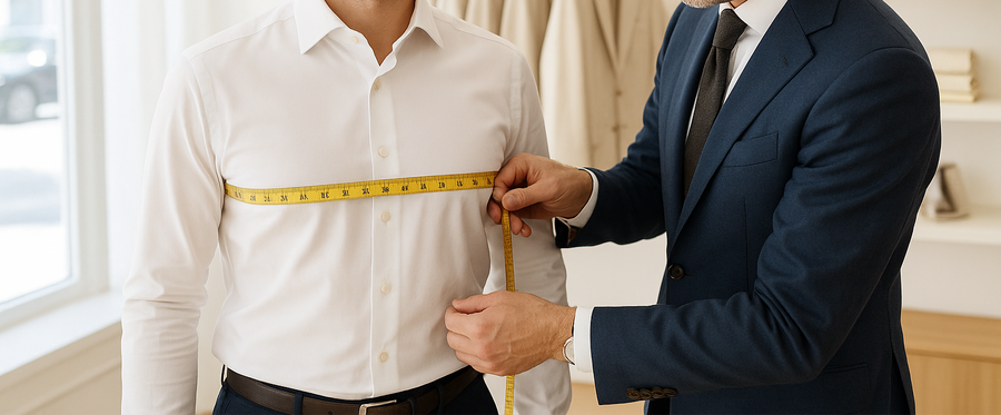Stylist taking a chest measurement during a suit fitting