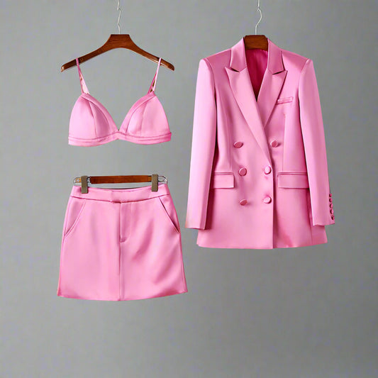 Satin Pink Suit Set Women - Blazer, Skirt, Bralette.
