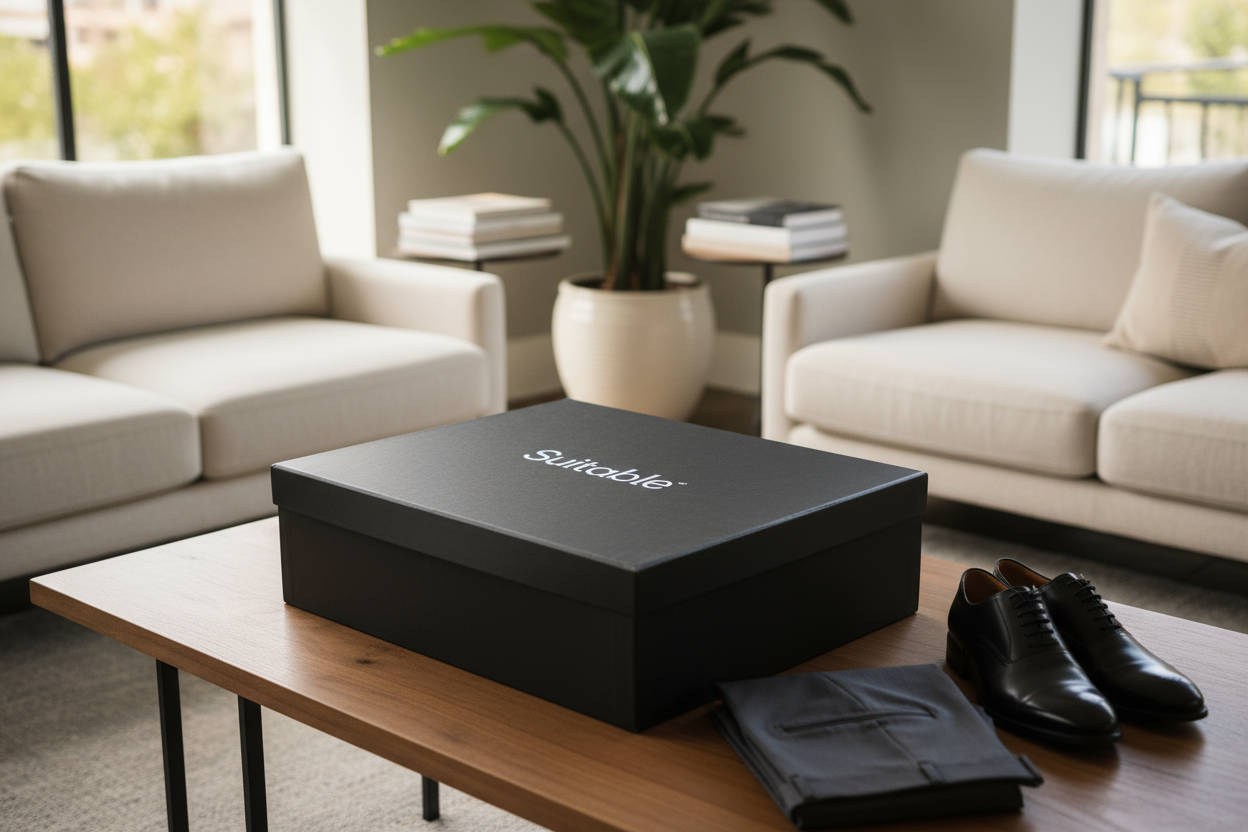 please add a suit laying on the box and shoes next to it