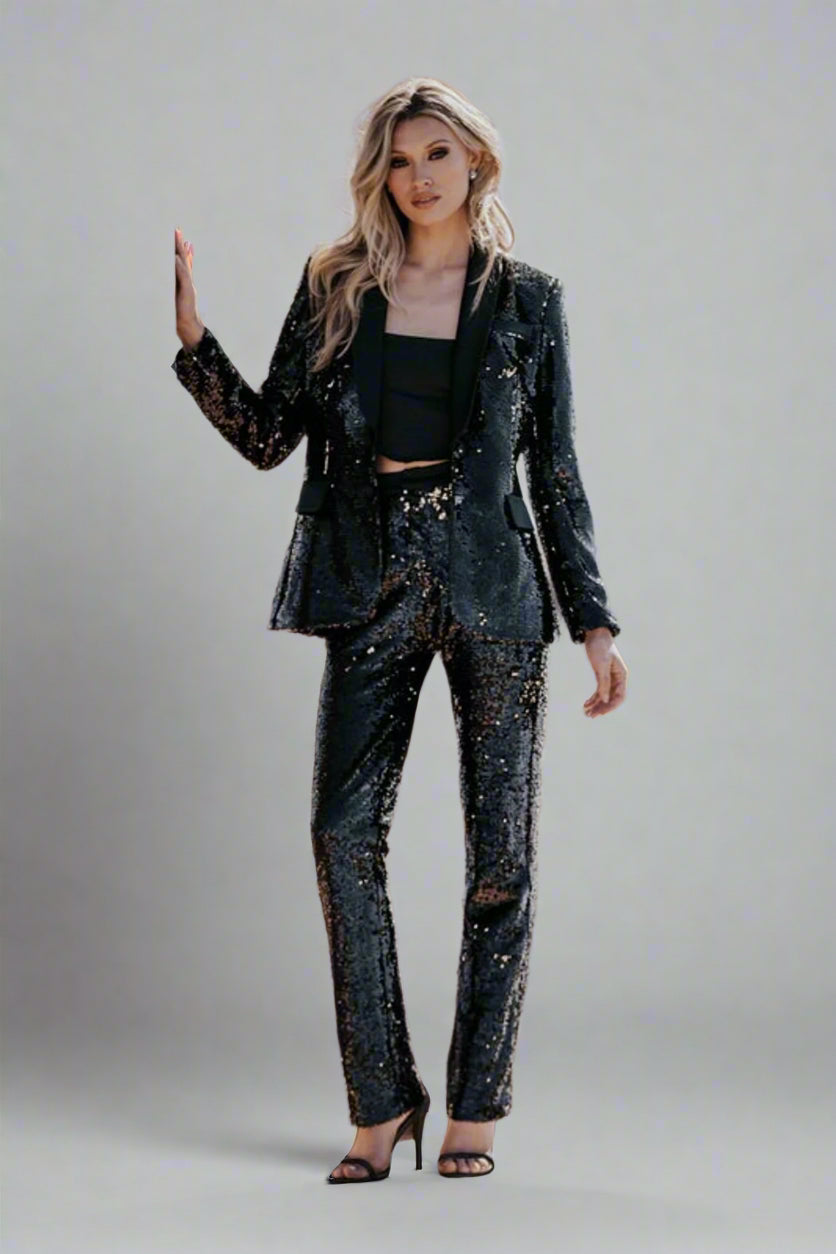 womens black sequin suit